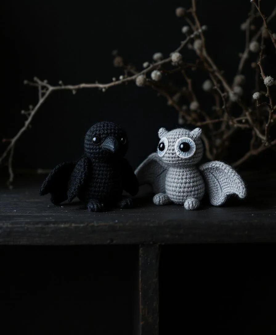 Small hand-crocheted amigurumi creatures, a black raven and a pale moth, on a dark wooden shelf beside dried branches.