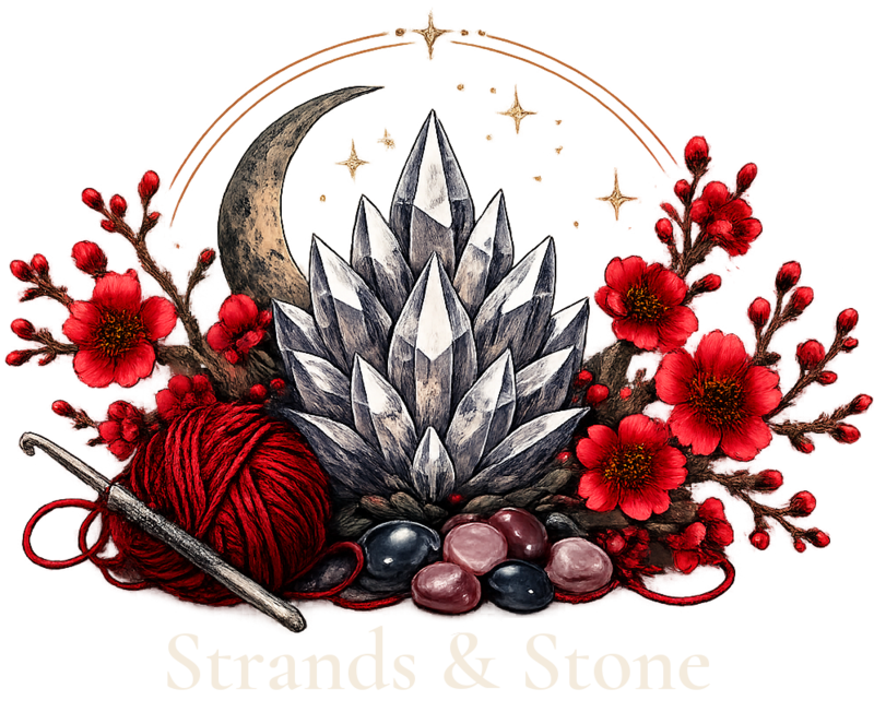 The Strands & Stone lockup: a cluster of quartz crystals beneath a crescent moon, framed by crimson blossom, a ball of red yarn and a crochet hook, above the Strands & Stone wordmark.